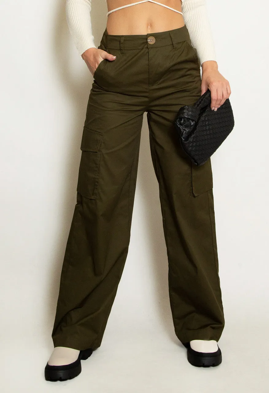 Wide Leg Cargo Trousers - Khaki