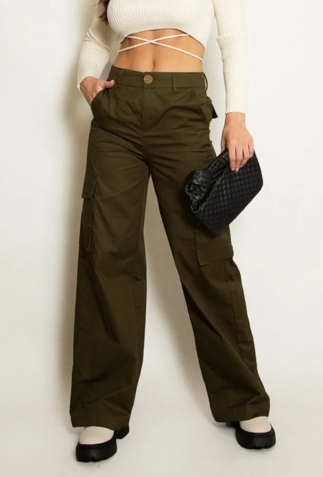 Wide Leg Cargo Trousers - Khaki