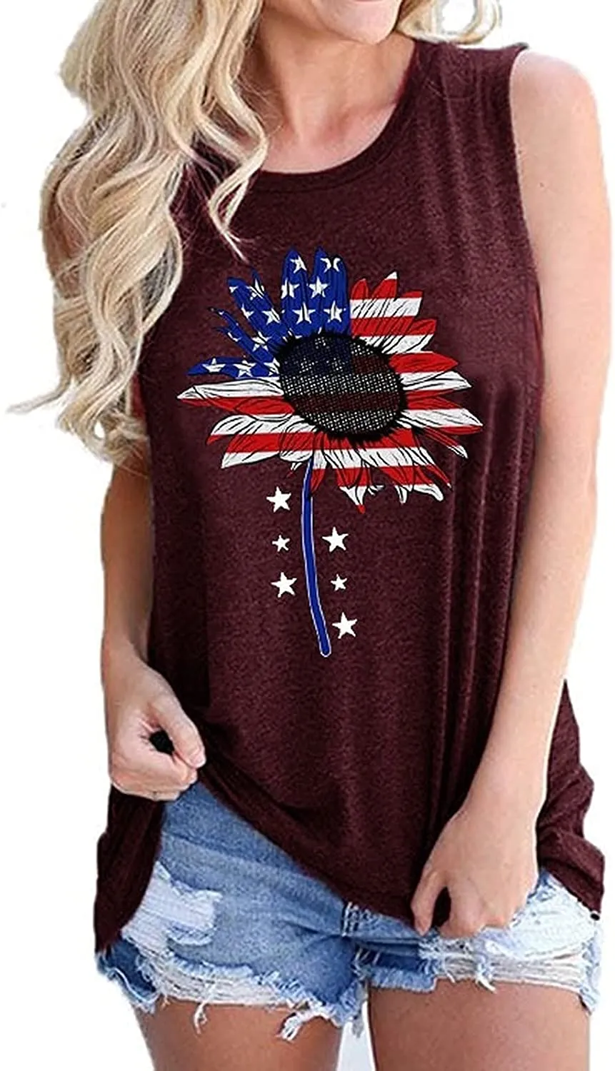 Women Sunflower American Flag Tank Tops Fashion Sunflower Shirt