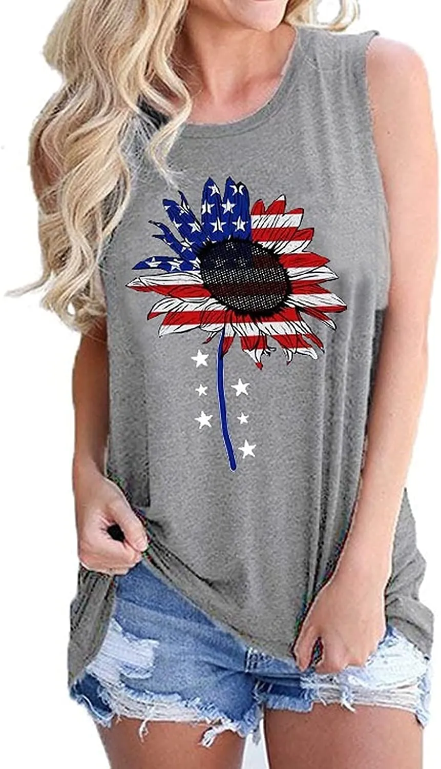 Women Sunflower American Flag Tank Tops Fashion Sunflower Shirt