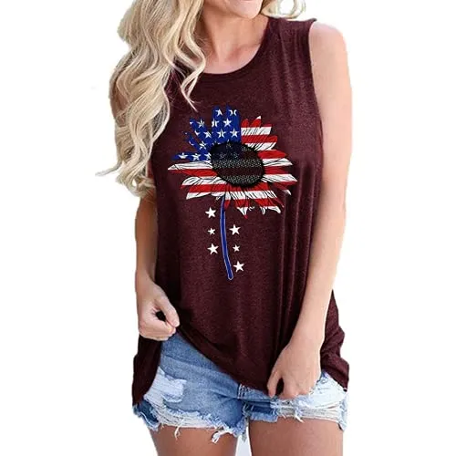 Women Sunflower American Flag Tank Tops Fashion Sunflower Shirt