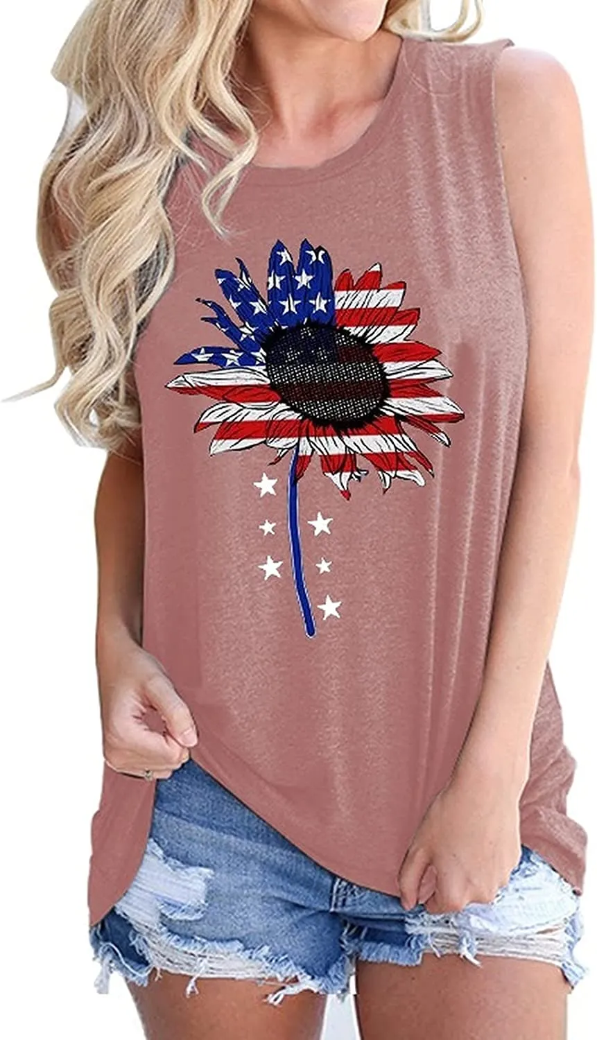 Women Sunflower American Flag Tank Tops Fashion Sunflower Shirt