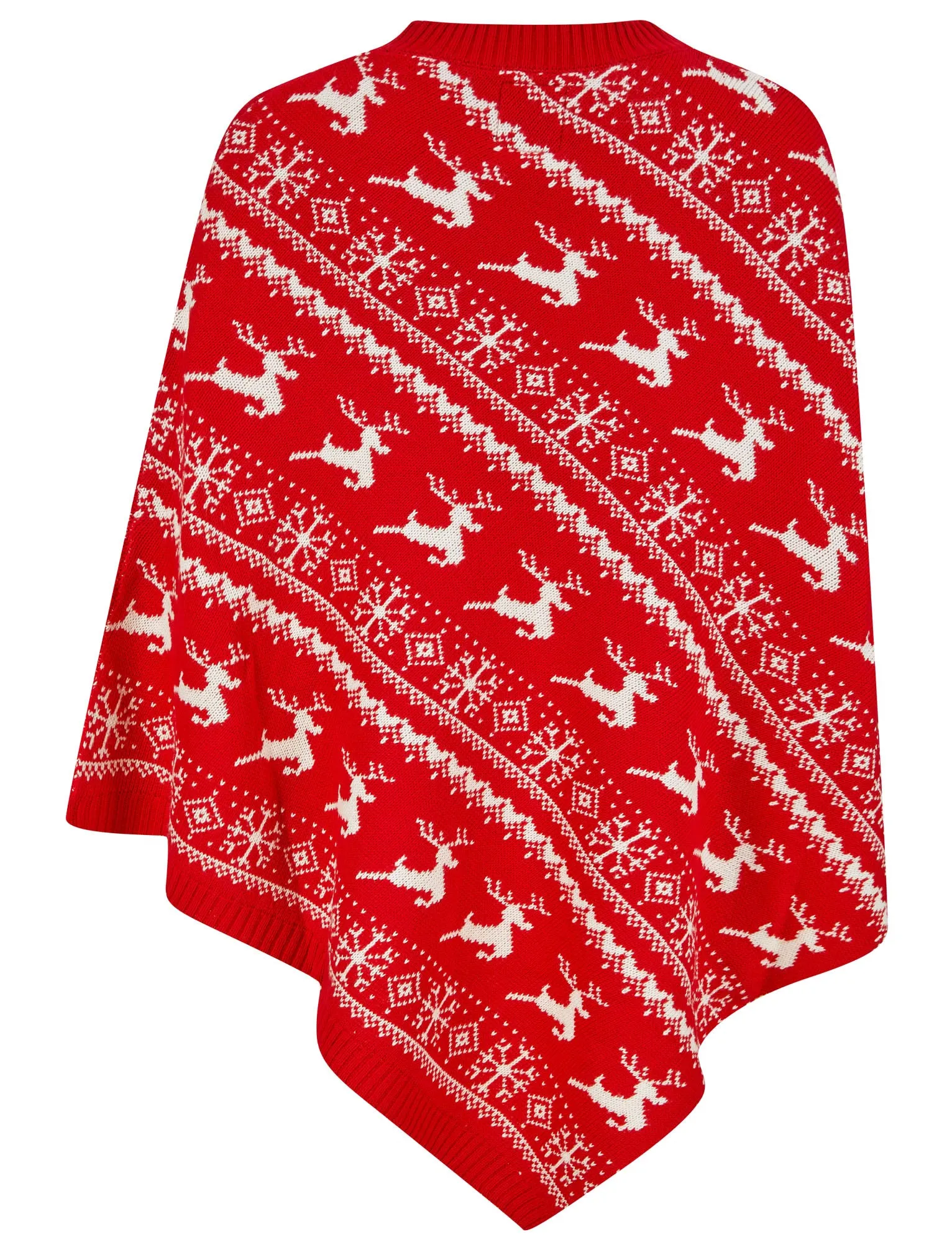 Women's Claudia Reindeer & Snowflake Print Novelty Knitted Poncho Cape in Tokyo Red - Merry Christmas