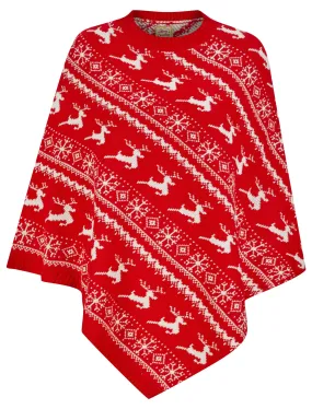 Women's Claudia Reindeer & Snowflake Print Novelty Knitted Poncho Cape in Tokyo Red - Merry Christmas