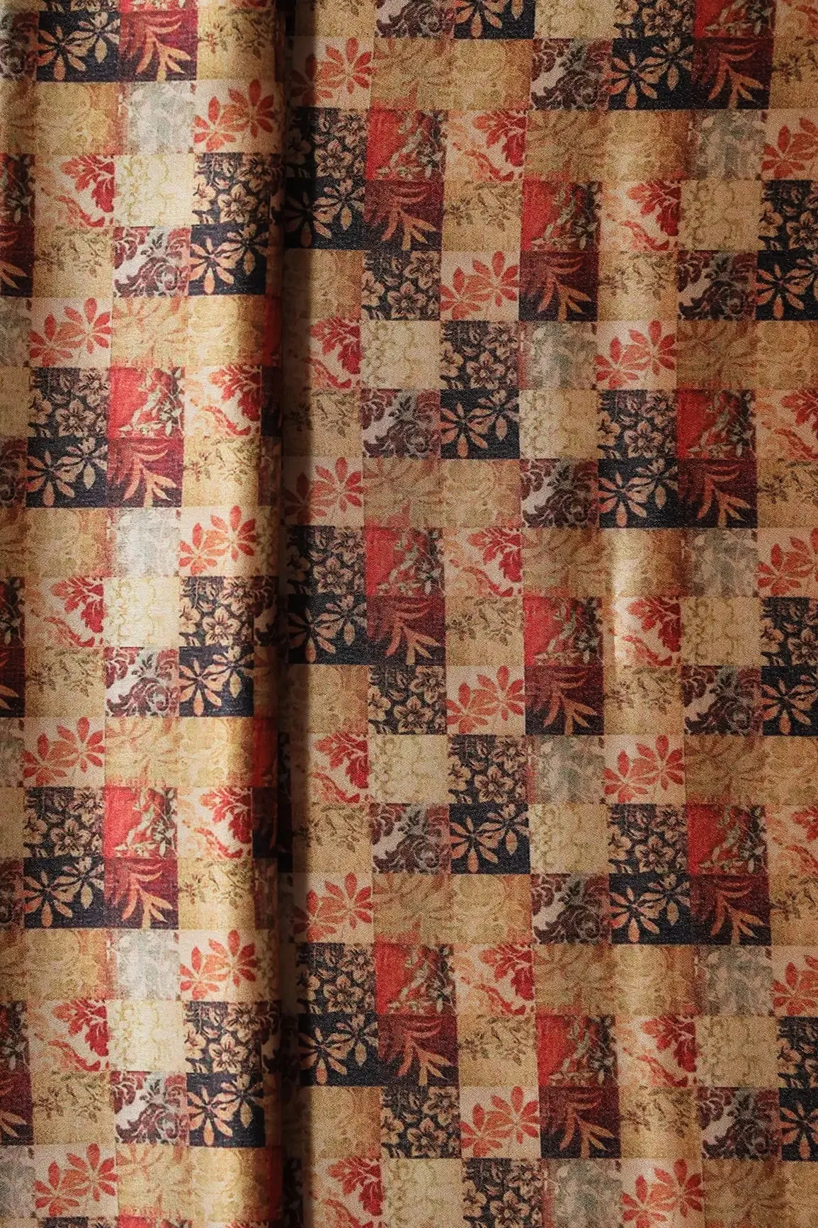 Yellow And Red Floral Checks Pattern Digital Print On Satin Fabric