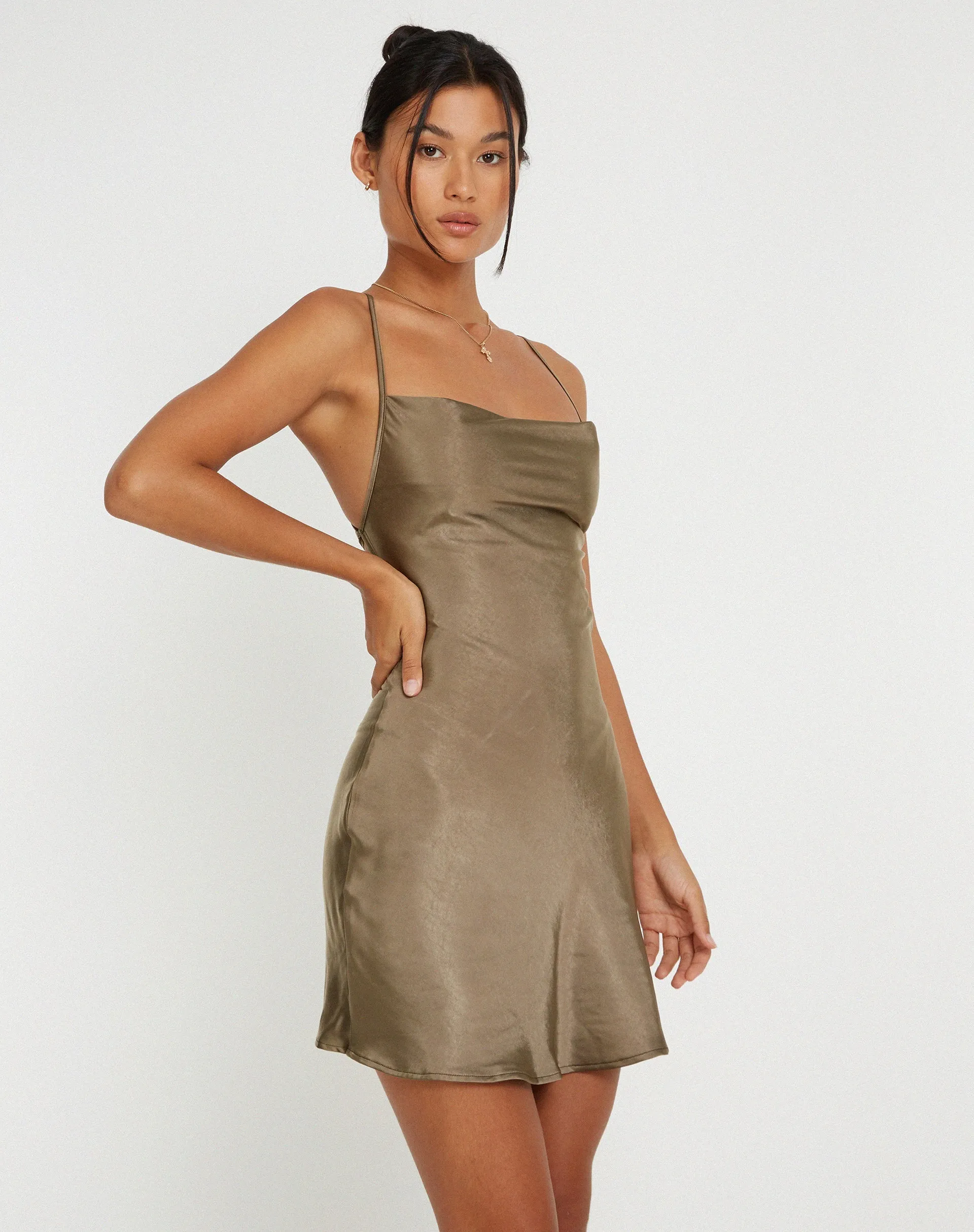 Zenita Mini Dress in Satin Dark Olive